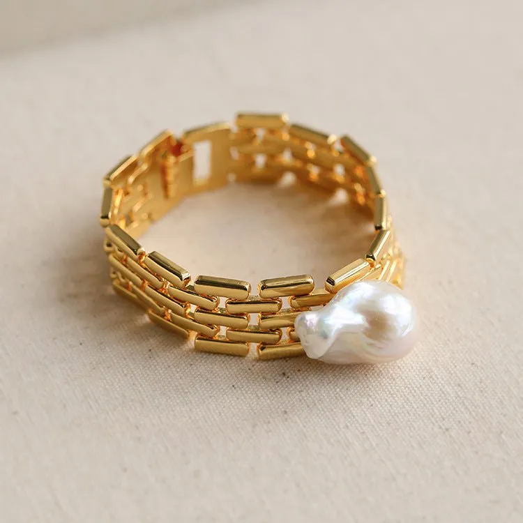 Wide Chain Baroque Pearl Bracelet