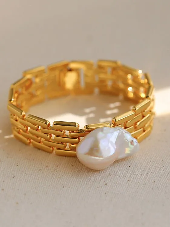 Wide Chain Baroque Pearl Bracelet