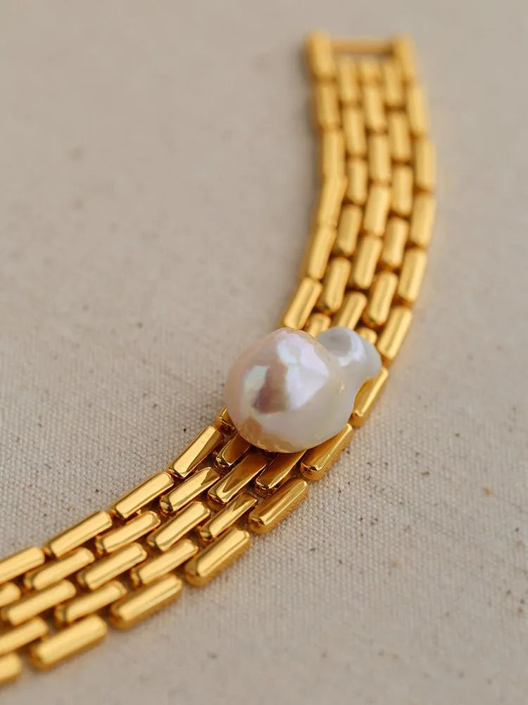 Wide Chain Baroque Pearl Bracelet