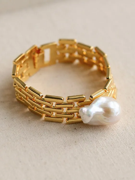 Wide Chain Baroque Pearl Bracelet