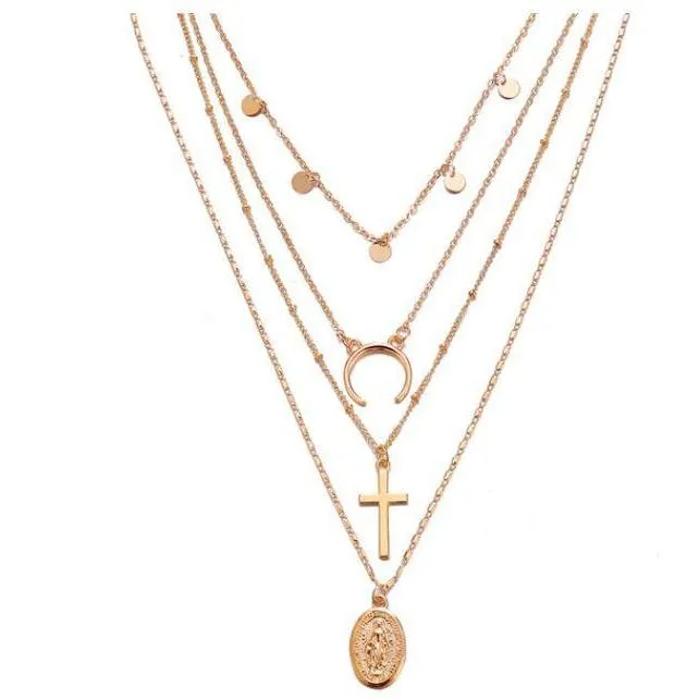 Women Multilayer Crystal Moon Necklaces, Pendants and Vintage Charm Gold Chokers