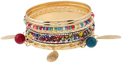 Yellow Chimes Classic Design 7 Pcs Colorfull Beads Studded Pearl's Ethnic Style Gold Plated Boho Bangles Set for Women and Girl's