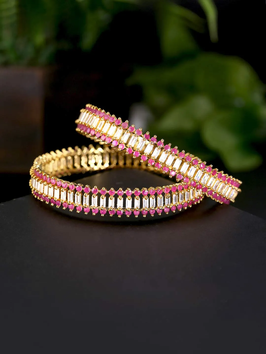 Yellow Chimes Classic Set of 2 Pcs Pink AD/American Diamond Studded 18k Gold Plated Handcrafted Designer Bangles for Women & Girls (2.4)