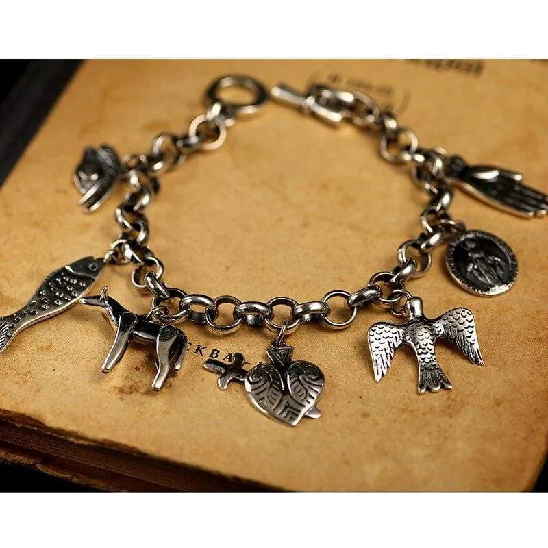 ZABRA Exquisite Vintage Charm Bracelet for Women Men Cool Cow Bird Fish Virgin Mary Punk Fashion 925 Sterling Silver Men Jewelry