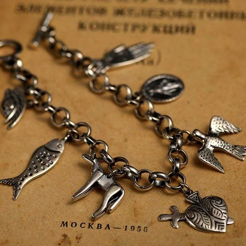 ZABRA Exquisite Vintage Charm Bracelet for Women Men Cool Cow Bird Fish Virgin Mary Punk Fashion 925 Sterling Silver Men Jewelry