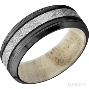 Zirconium with Satin , Polish Finish and Meteorite Inlay and Antler - 8MM